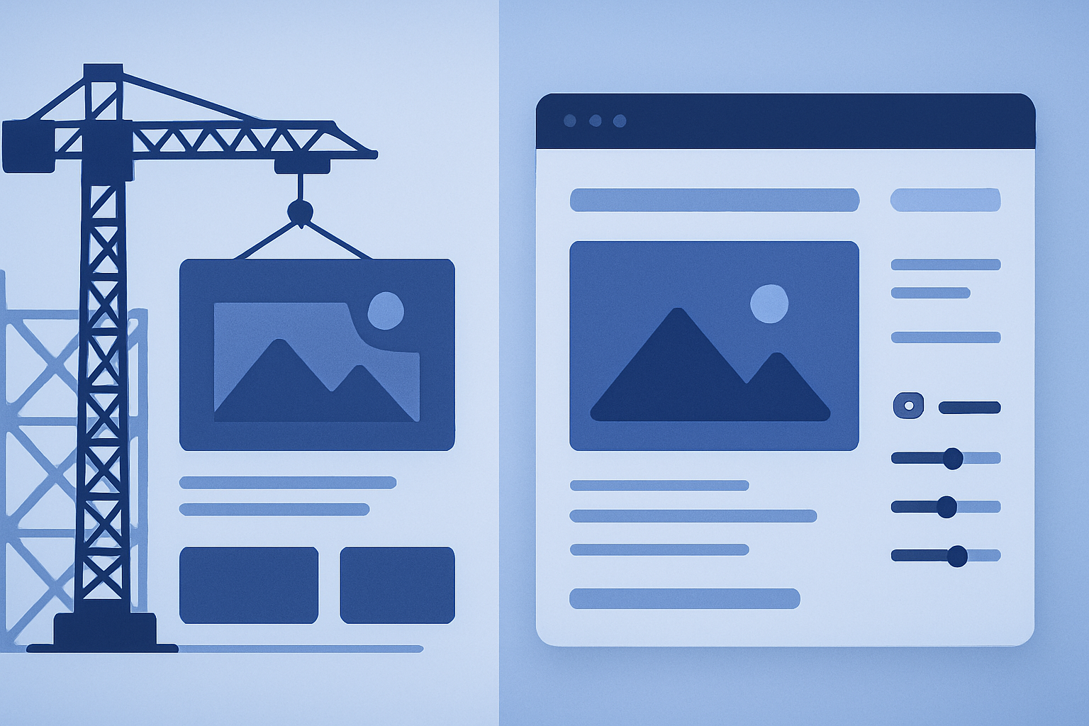 Split-screen concept: left side ‘heavy construction’ template blocks; right side tidy interface with small tweaks and sliders